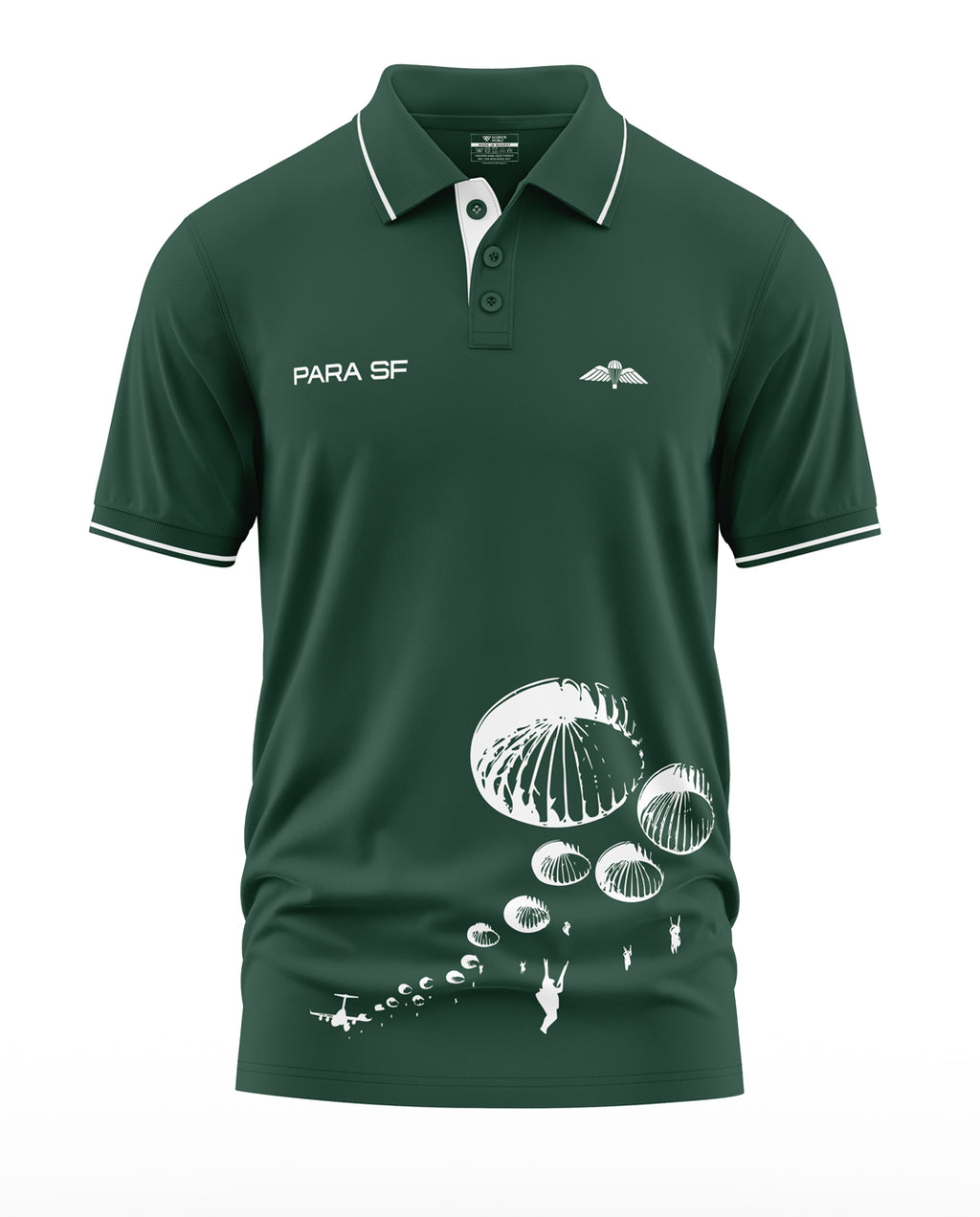 Green polo t-shirt with PARA SF text, parachute and aircraft graphics, full sleeve design