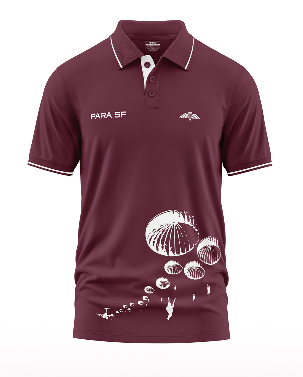 Maroon polo t-shirt with 'PARA SF' text and white parachute print, men's military style fashion
