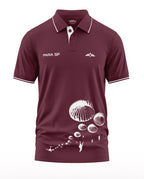 Maroon polo t-shirt with 'PARA SF' text and white parachute print, men's military style fashion