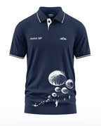 Navy blue polo t-shirt with PARA SF text, winged badge, and white parachute print design