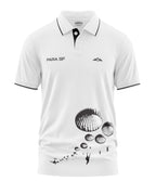 White men's polo t-shirt with black PARA SF text, parachute and aircraft graphic, short sleeves