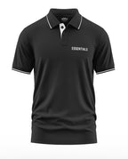 Black men's polo t-shirt with white piping and 'ESSENTIALS' text on chest