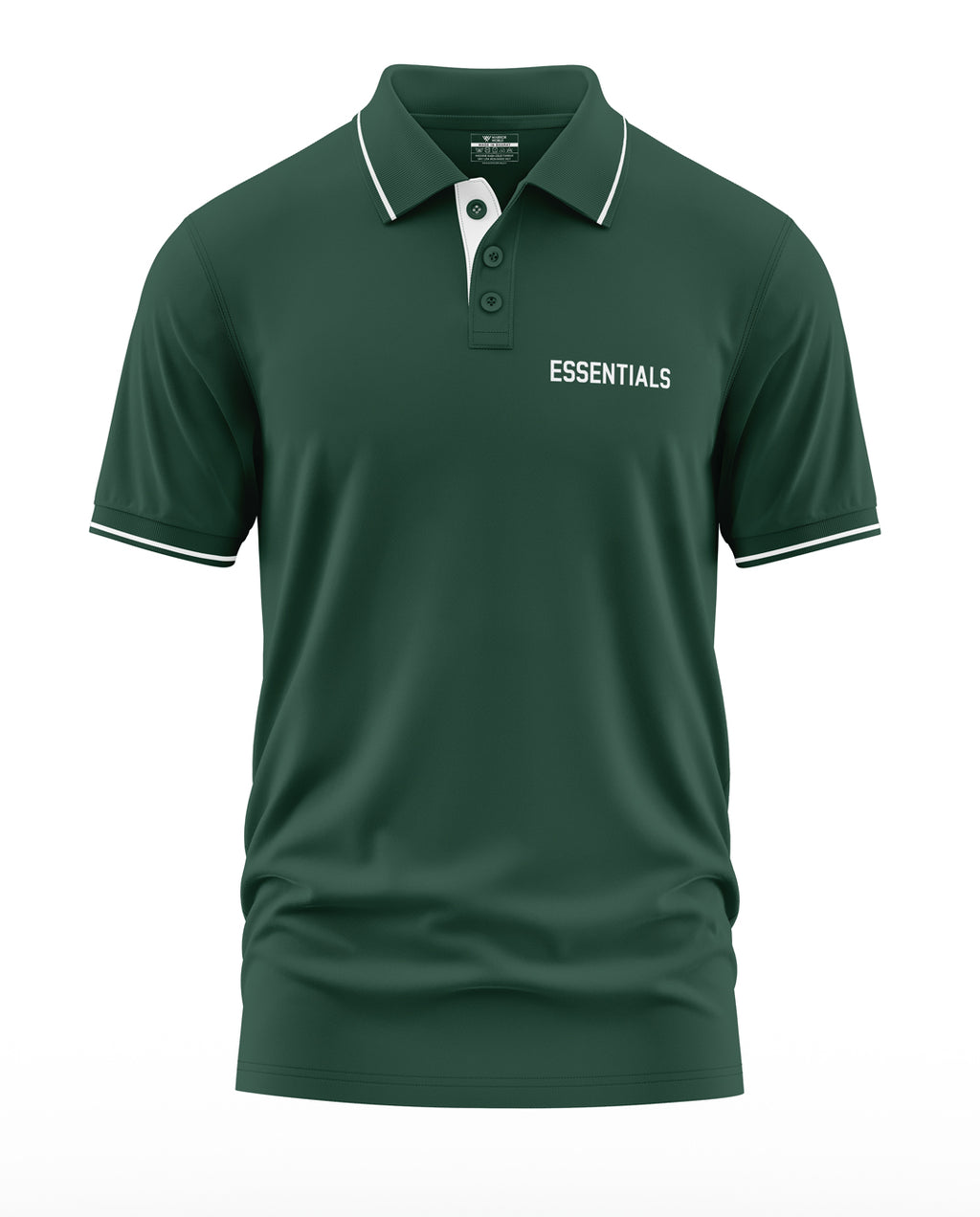 Dark green men's polo t-shirt with white 'ESSENTIALS' text and white collar trim