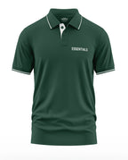 Dark green men's polo t-shirt with white 'ESSENTIALS' text and white collar trim