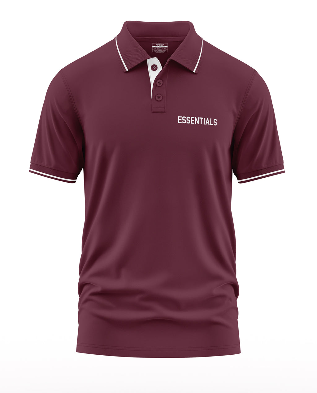 Maroon men's polo t-shirt with ESSENTIALS text, white collar piping, short sleeves