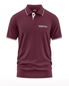 Maroon men's polo t-shirt with ESSENTIALS text, white collar piping, short sleeves