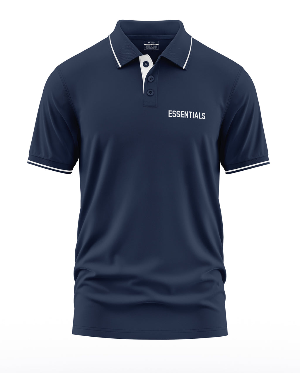 Navy blue men's polo t-shirt with white 'ESSENTIALS' text and contrast collar trim