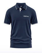 Navy blue men's polo t-shirt with white 'ESSENTIALS' text and contrast collar trim