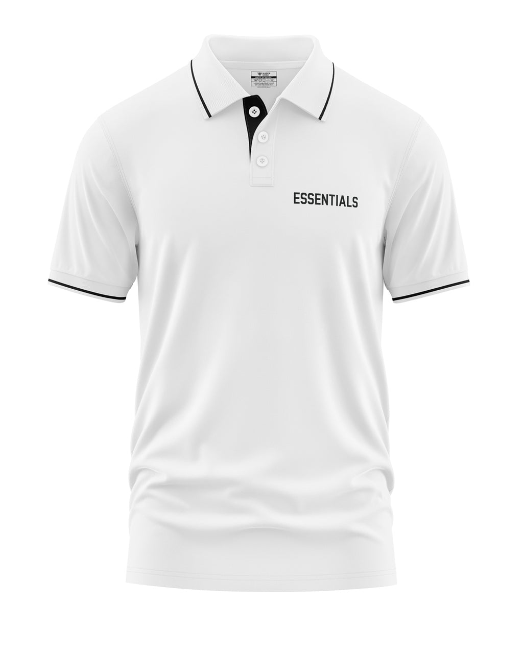 White men's polo t-shirt with black collar trim and 'ESSENTIALS' text on chest