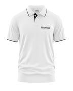 White men's polo t-shirt with black collar trim and 'ESSENTIALS' text on chest