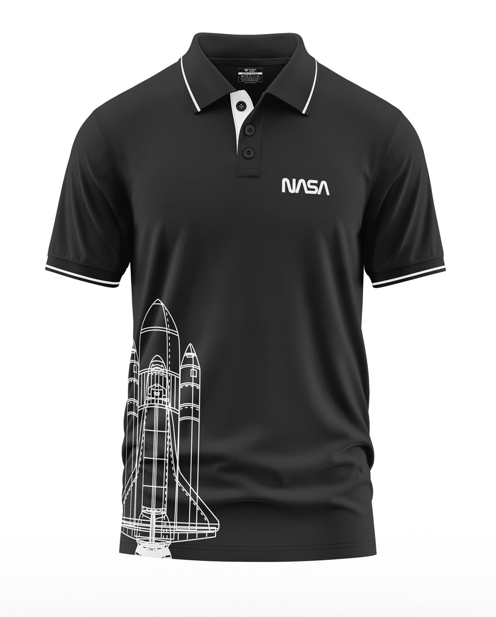 Black men's polo t-shirt with NASA logo and white rocket graphic, short sleeves