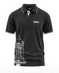 Black men's polo t-shirt with NASA logo and white rocket graphic, short sleeves