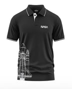 Black men's polo t-shirt with NASA logo and white rocket graphic, short sleeves