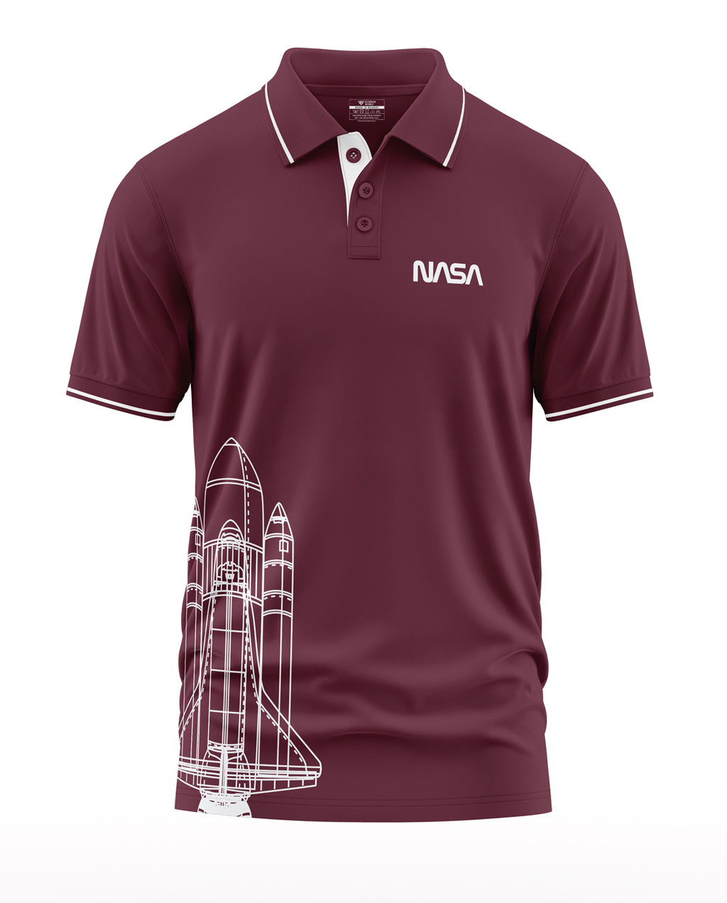 Maroon men's polo t-shirt with NASA logo and white space shuttle graphic print