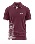 Maroon men's polo t-shirt with NASA logo and white space shuttle graphic print