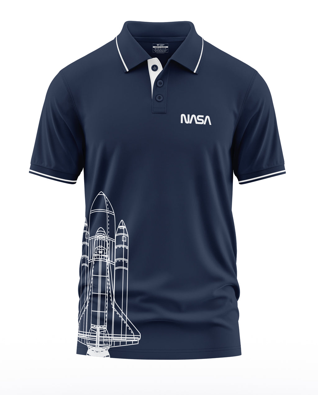 Navy blue men's polo t-shirt with NASA logo and white rocket graphic print.