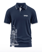 Navy blue men's polo t-shirt with NASA logo and white rocket graphic print.