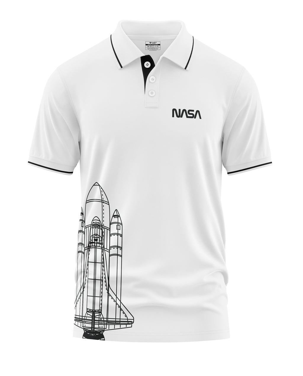 White men's polo t-shirt with black collar trim, NASA logo, and space shuttle graphic print
