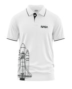 White men's polo t-shirt with black collar trim, NASA logo, and space shuttle graphic print