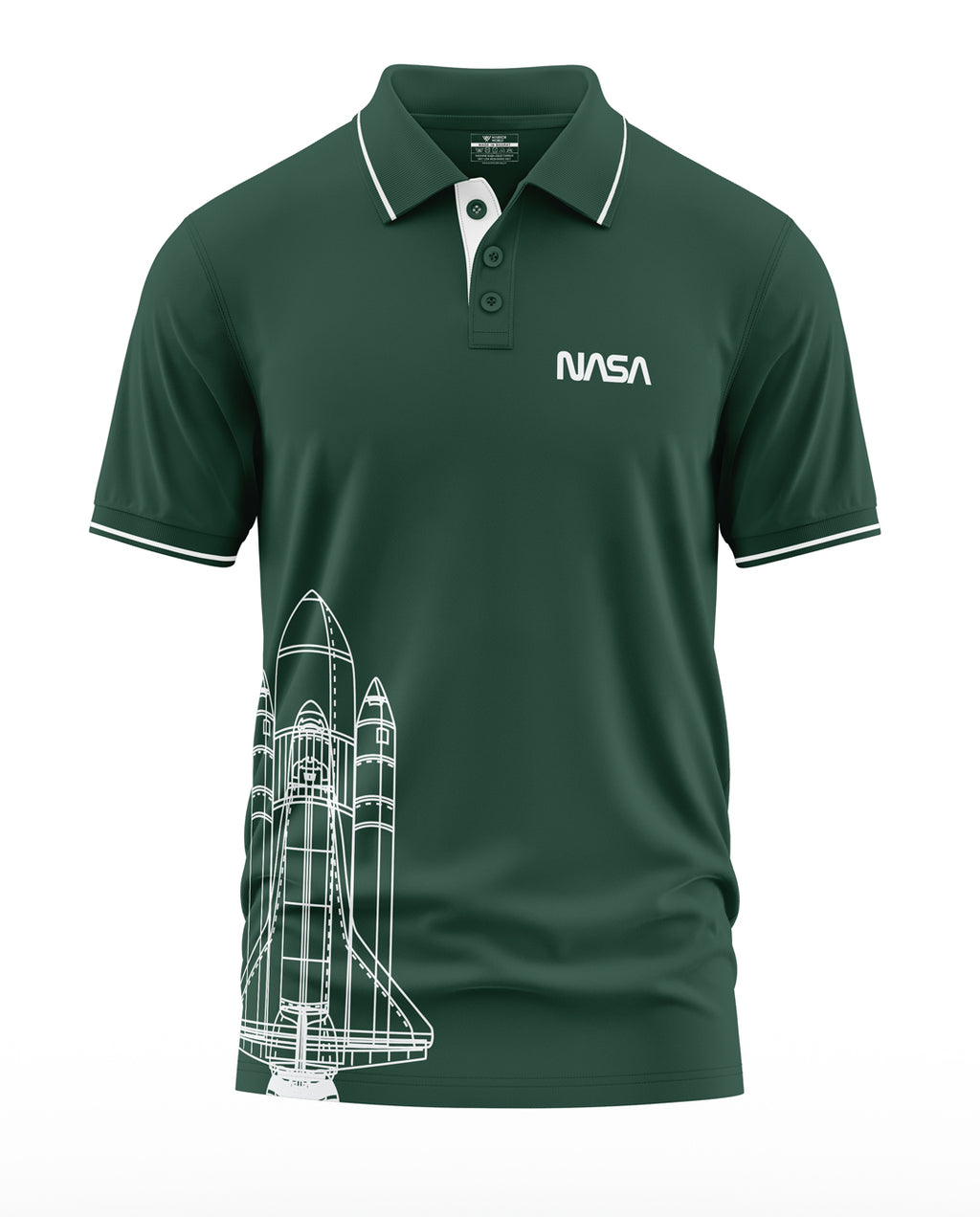 Green polo t-shirt with white NASA logo and space shuttle graphic, men's fashion