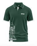 Green polo t-shirt with white NASA logo and space shuttle graphic, men's fashion