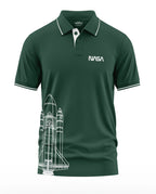 Green polo t-shirt with white NASA logo and space shuttle graphic, men's fashion