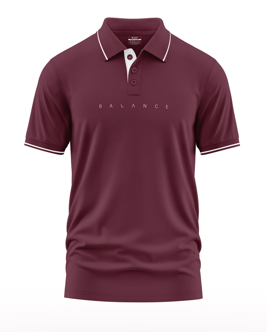 Men's maroon polo t-shirt with 'BALANCE' text, white collar trim, short sleeves, front view
