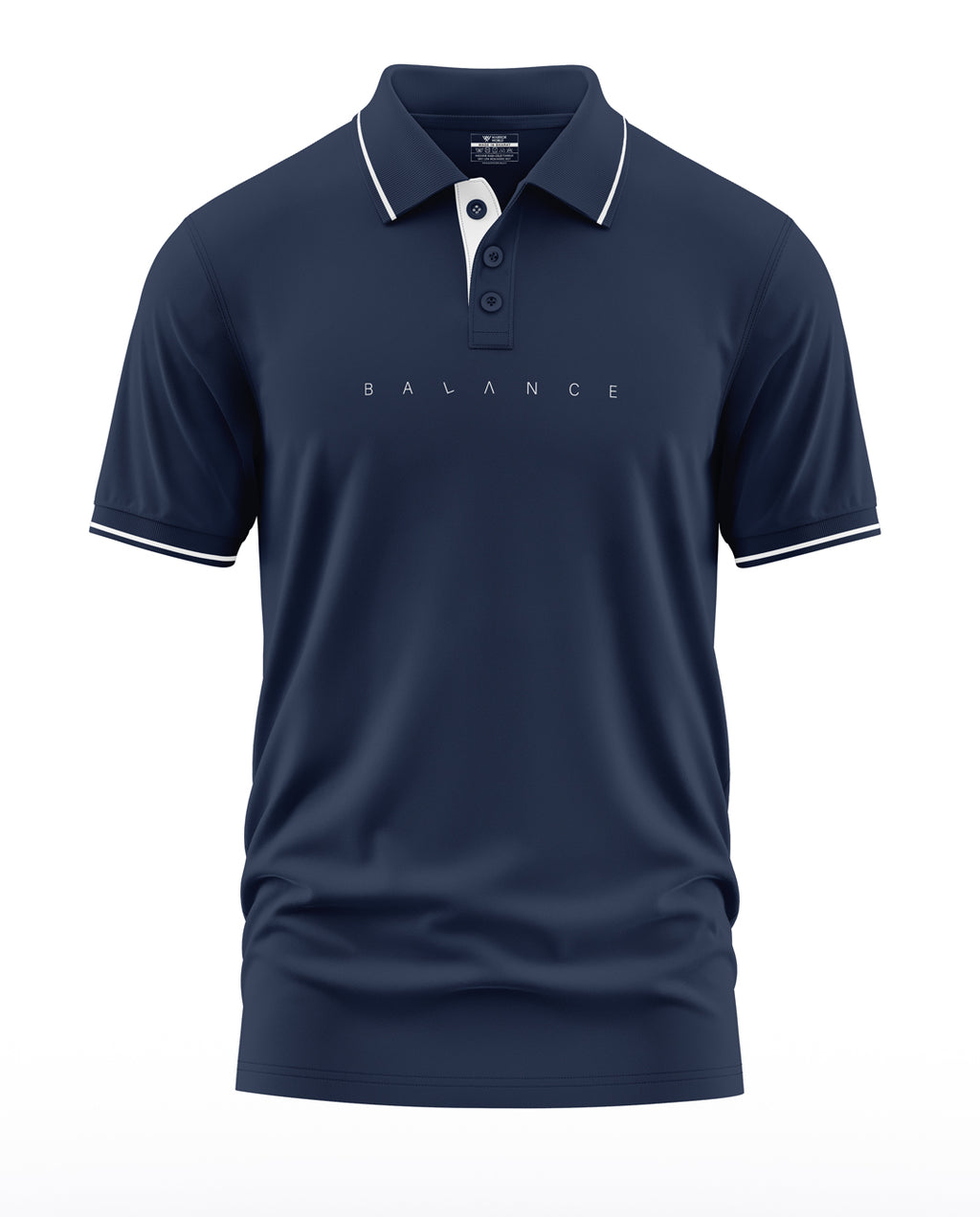 Navy blue men's polo t-shirt with white piping and BALANCE text on chest