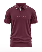 Maroon men's polo t-shirt with white 'RELAX' text, short sleeves, and contrast trim