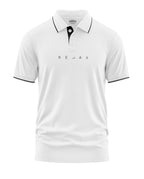 White men's polo t-shirt with black collar trim and 'RELAX' text on chest