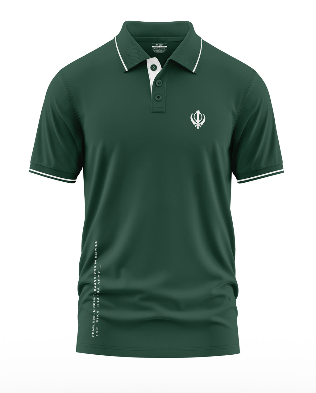 Men's green polo t-shirt with white piping, Sikh Khanda symbol, and short sleeves