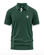 Men's green polo t-shirt with white piping, Sikh Khanda symbol, and short sleeves