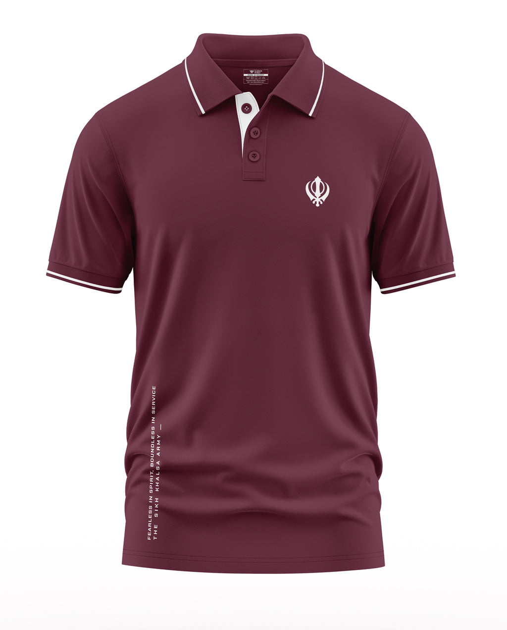 Maroon men's polo t-shirt with white collar trim and Khanda symbol, short sleeves