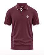 Maroon men's polo t-shirt with white collar trim and Khanda symbol, short sleeves