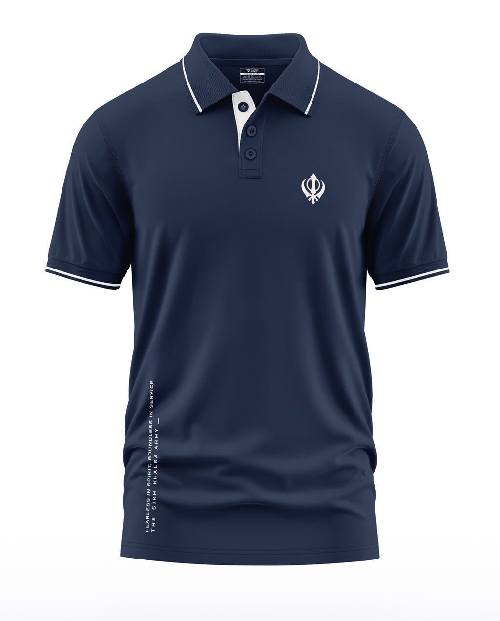 Men's navy blue polo T-shirt with white collar trim and Khanda emblem on chest