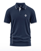 Men's navy blue polo T-shirt with white collar trim and Khanda emblem on chest
