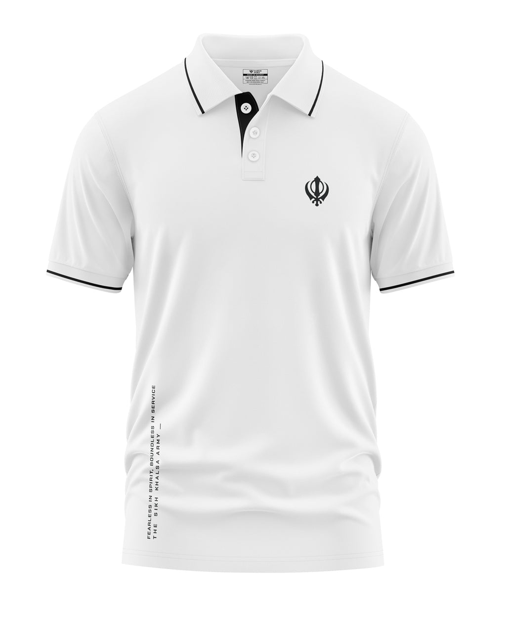 White men's polo t-shirt with black collar accents and Khanda symbol on chest