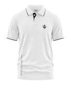 White men's polo t-shirt with black collar accents and Khanda symbol on chest