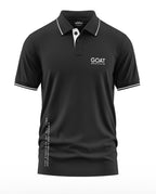 Black men's polo t-shirt with white text GOAT and contrast collar details