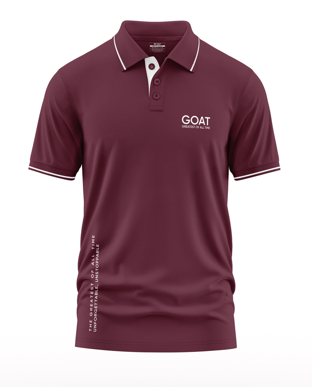 Maroon men's polo t-shirt with 'GOAT Greatest Of All Time' text and white collar trim