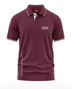 Maroon men's polo t-shirt with 'GOAT Greatest Of All Time' text and white collar trim