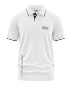 White men's polo t-shirt with black collar trim and 'GOAT Greatest Of All Time' text print.