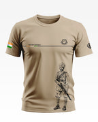 Beige men's t-shirt featuring a Sikh regiment soldier graphic and Indian flag print on sleeve.