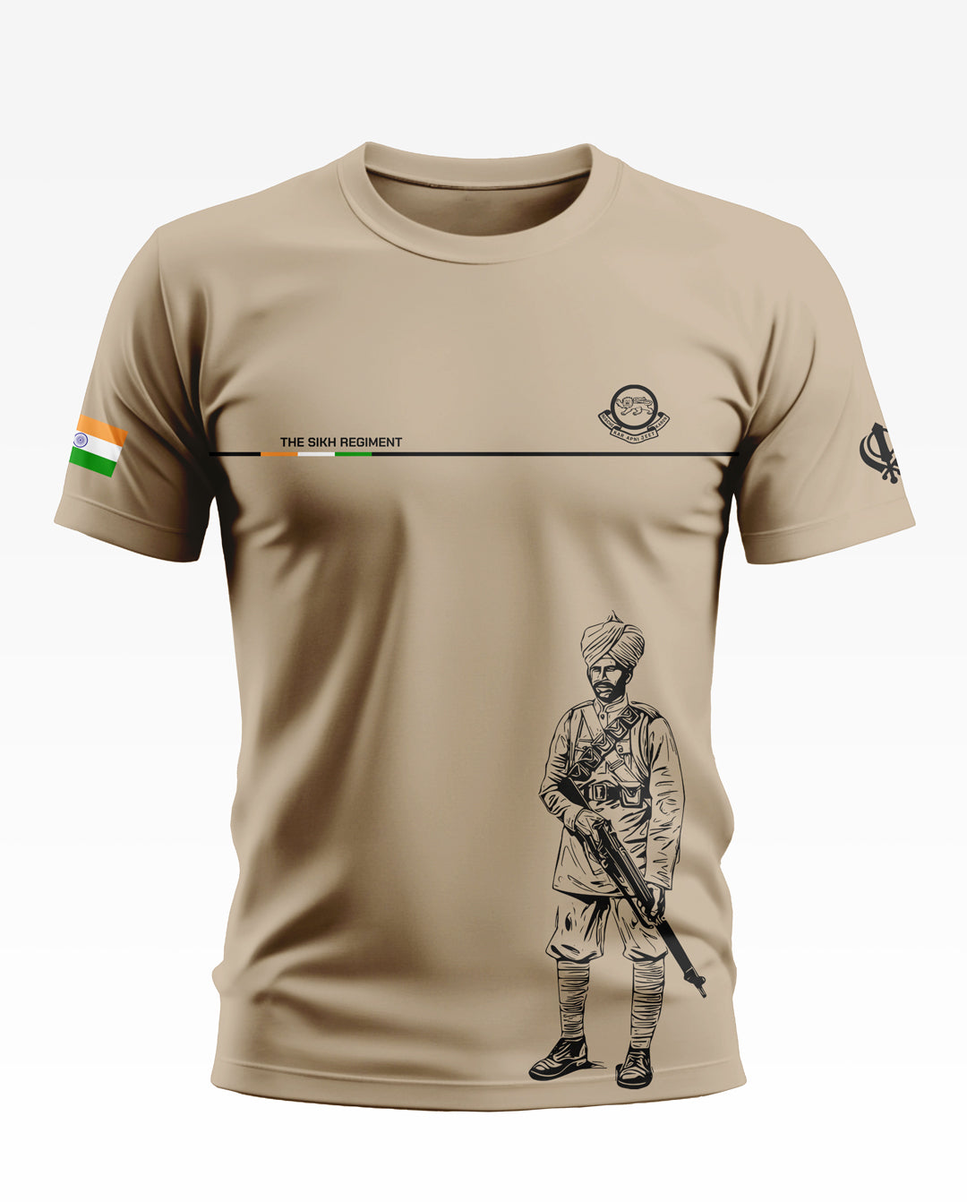 Beige men's t-shirt featuring a Sikh regiment soldier graphic and Indian flag print on sleeve.