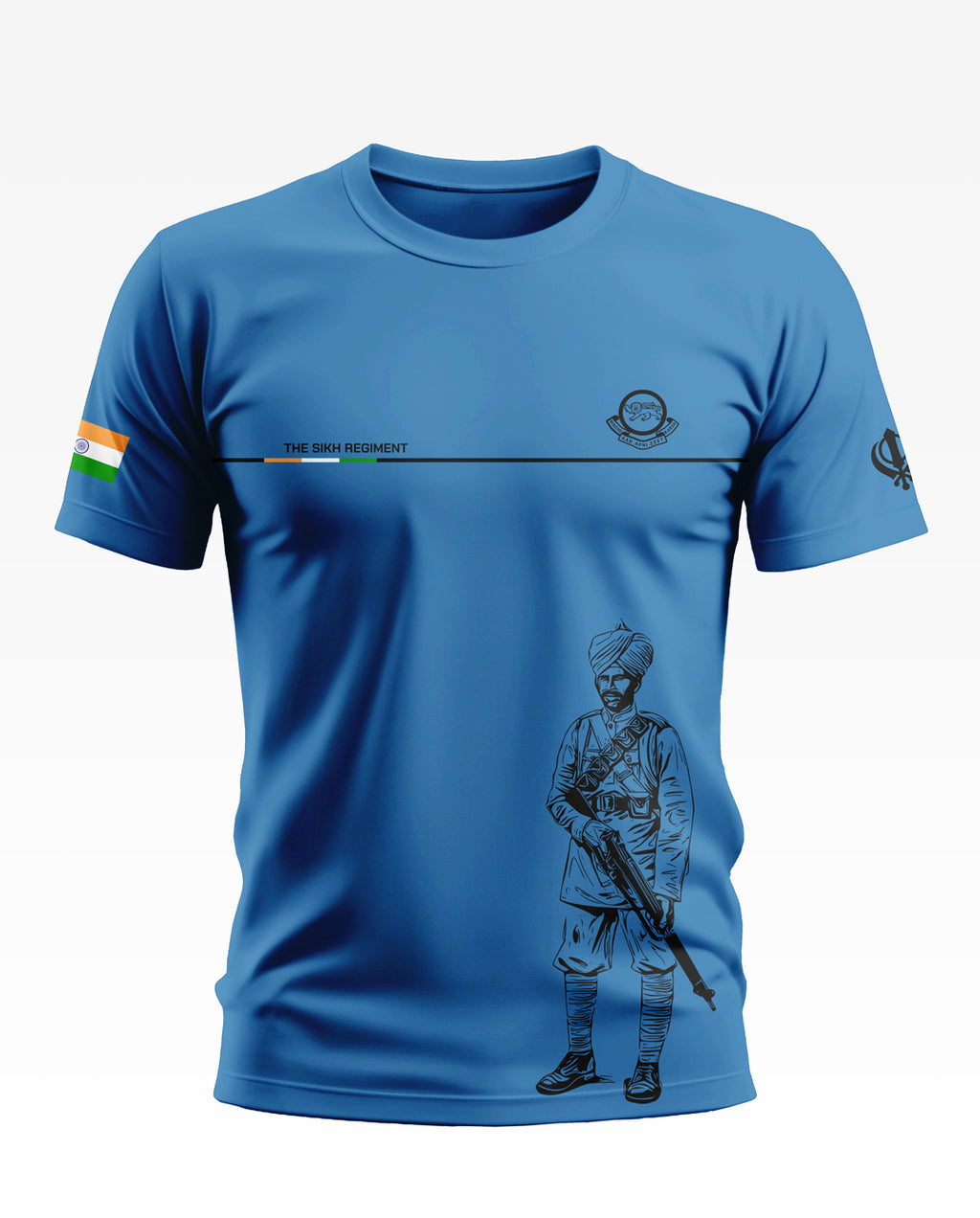 Blue men's t-shirt with Indian flag and Sikh Regiment soldier graphic, army-inspired design