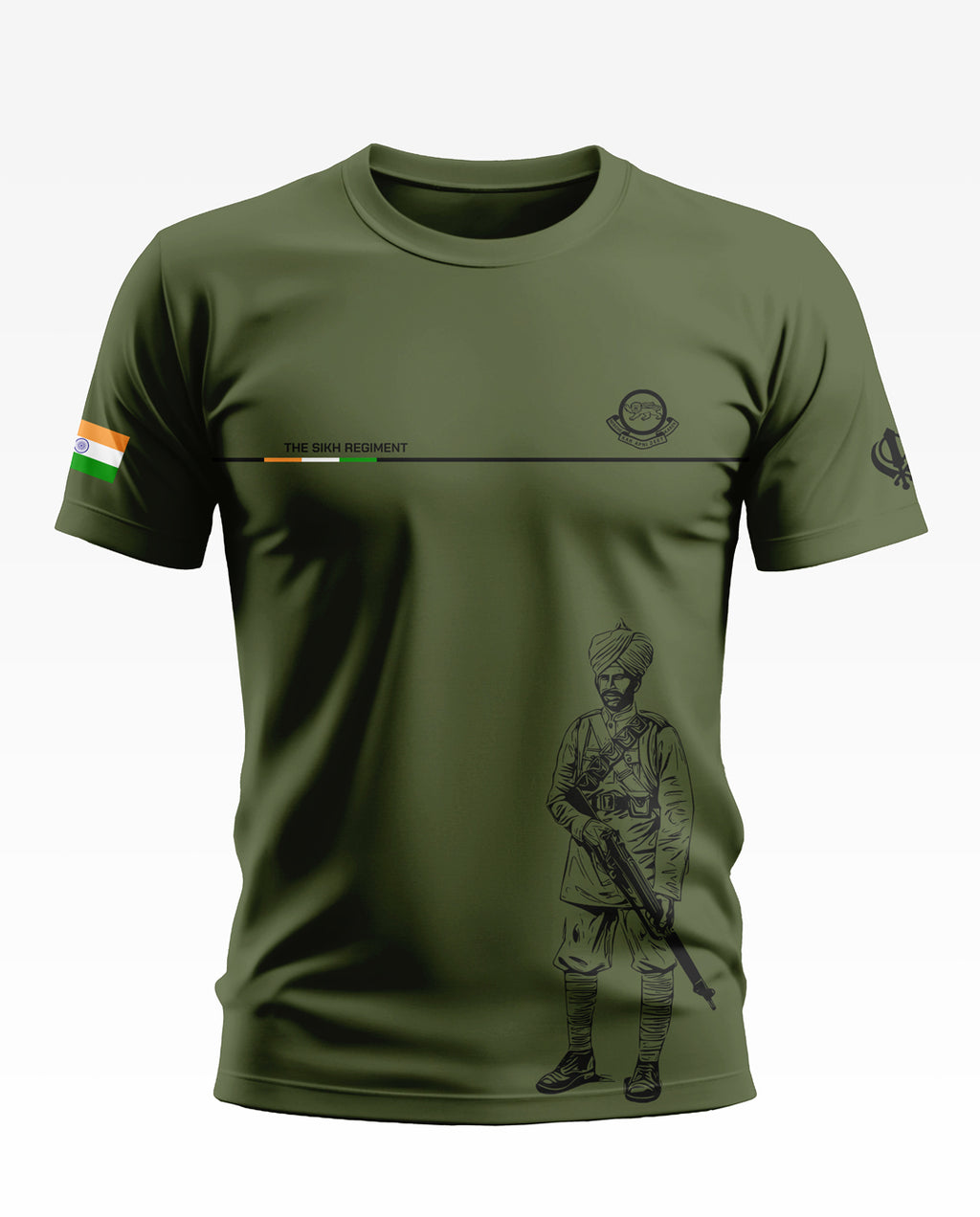 Olive green men's t-shirt featuring a Sikh regiment soldier graphic and Indian flag sleeve detail