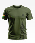 Olive green men's t-shirt featuring a Sikh regiment soldier graphic and Indian flag sleeve detail