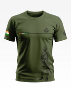 Olive green men's t-shirt featuring a Sikh regiment soldier graphic and Indian flag sleeve detail