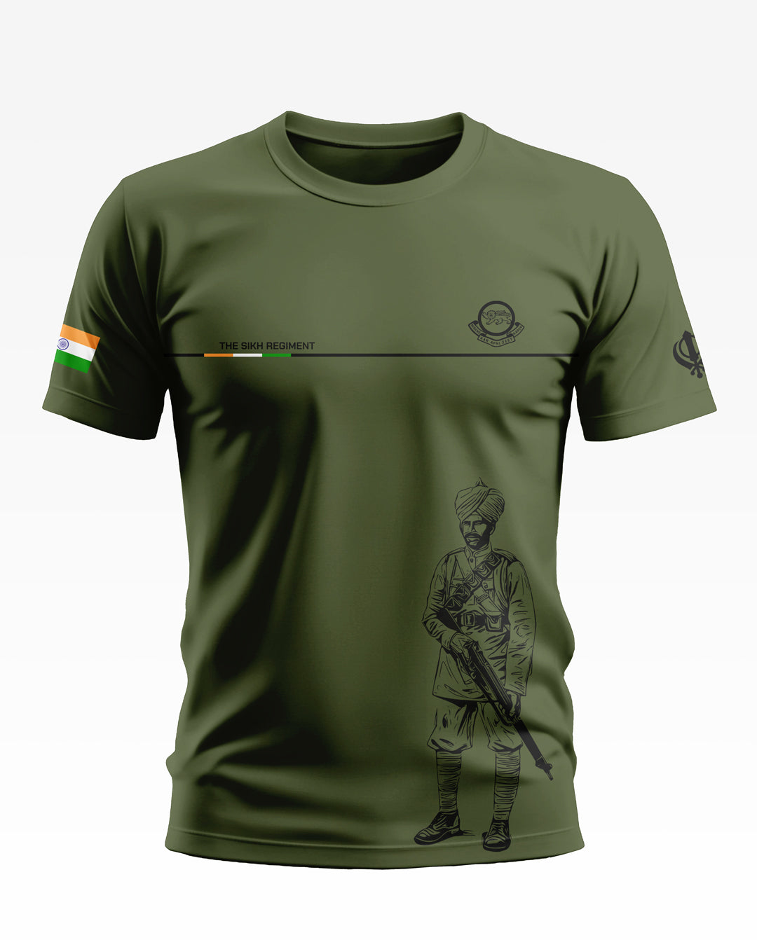 Olive green men's t-shirt featuring a Sikh regiment soldier graphic and Indian flag sleeve detail