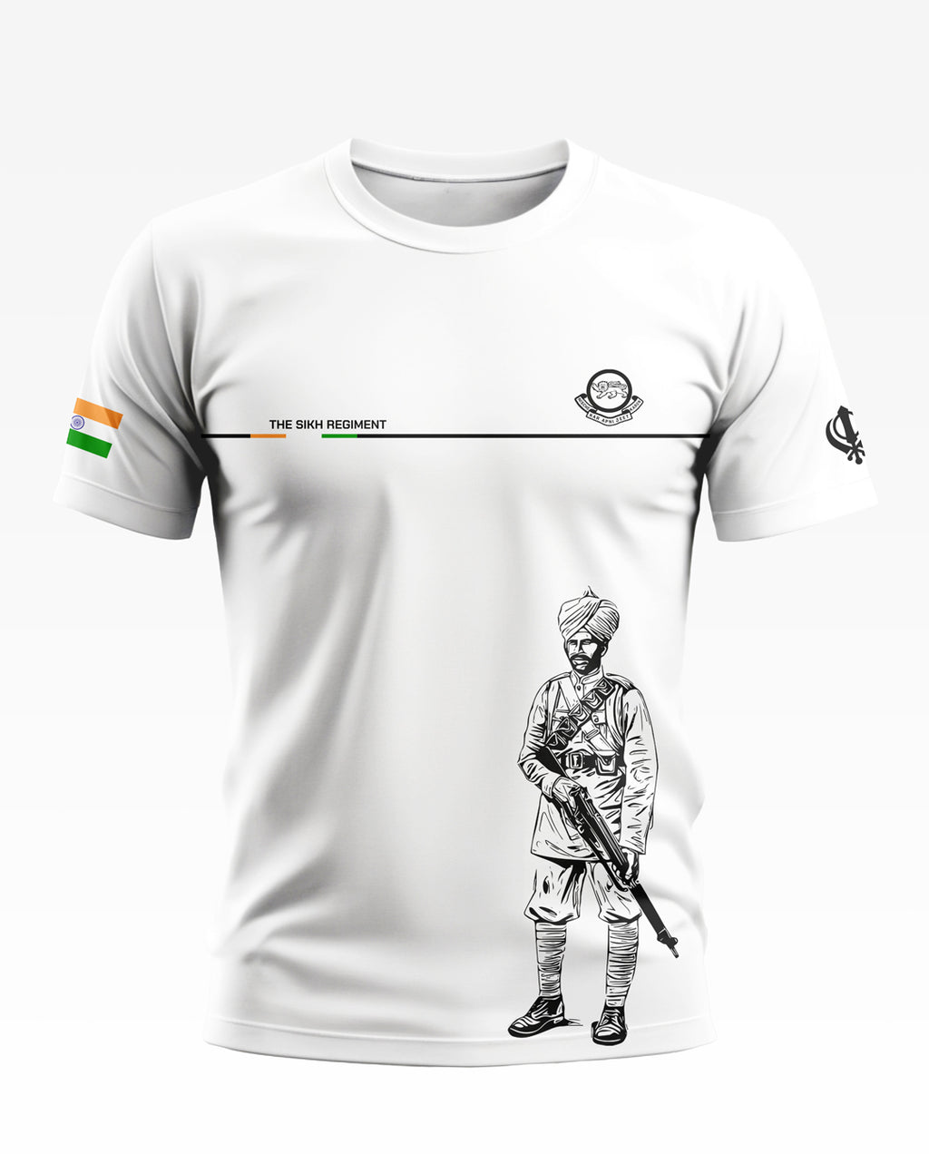 White men's t-shirt with Sikh Regiment print, Indian flag sleeve patch, soldier illustration
